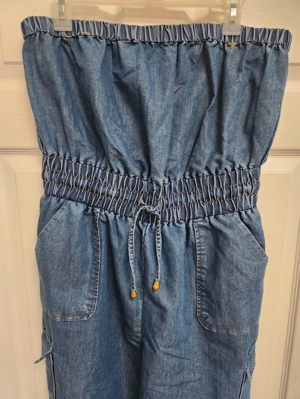 Denim Strapless Jumpsuit with Cargo Pockets - Blue - Picture 2 of 12